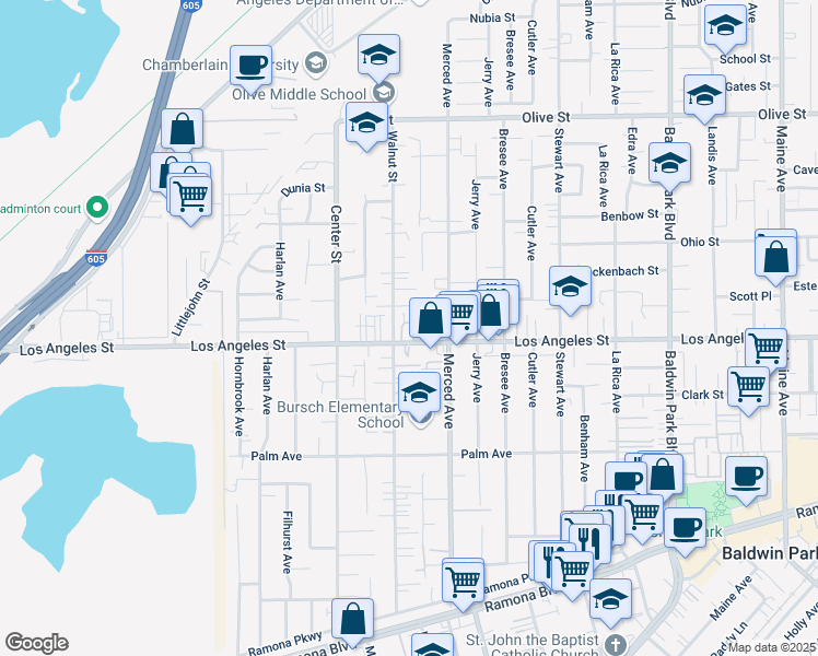 map of restaurants, bars, coffee shops, grocery stores, and more near 13714 Los Angeles Street in Baldwin Park