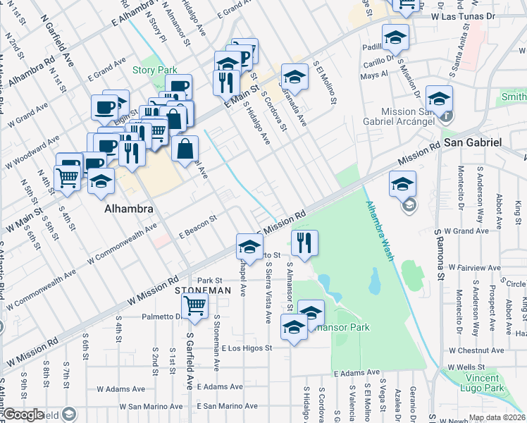 map of restaurants, bars, coffee shops, grocery stores, and more near 510 San Pasqual Drive in Alhambra