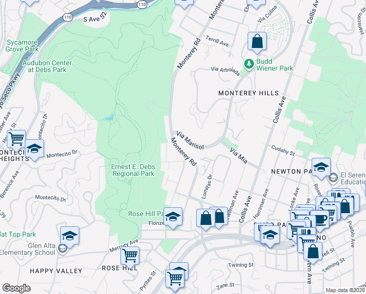 map of restaurants, bars, coffee shops, grocery stores, and more near 3909 Monterey Road in Los Angeles