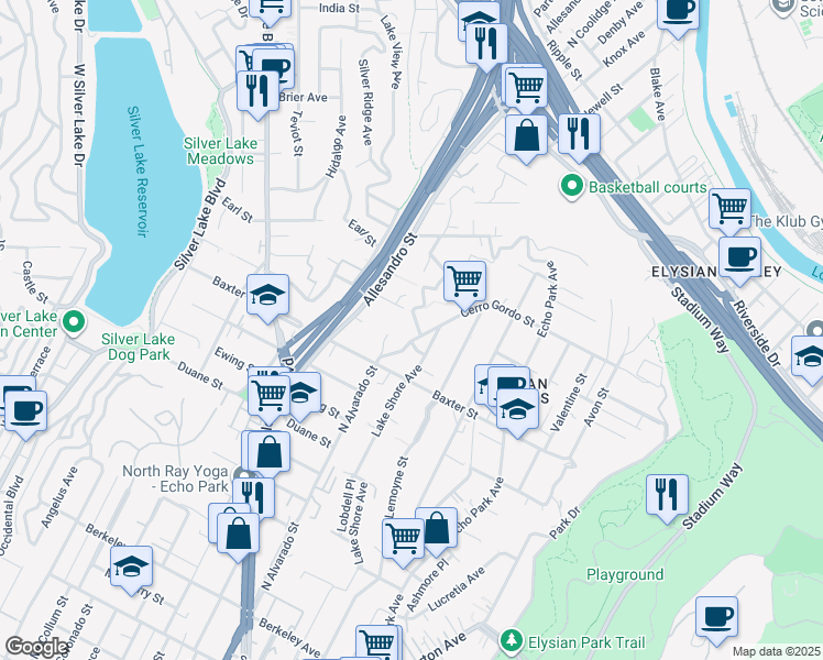 map of restaurants, bars, coffee shops, grocery stores, and more near 2074 Cerro Gordo Street in Los Angeles