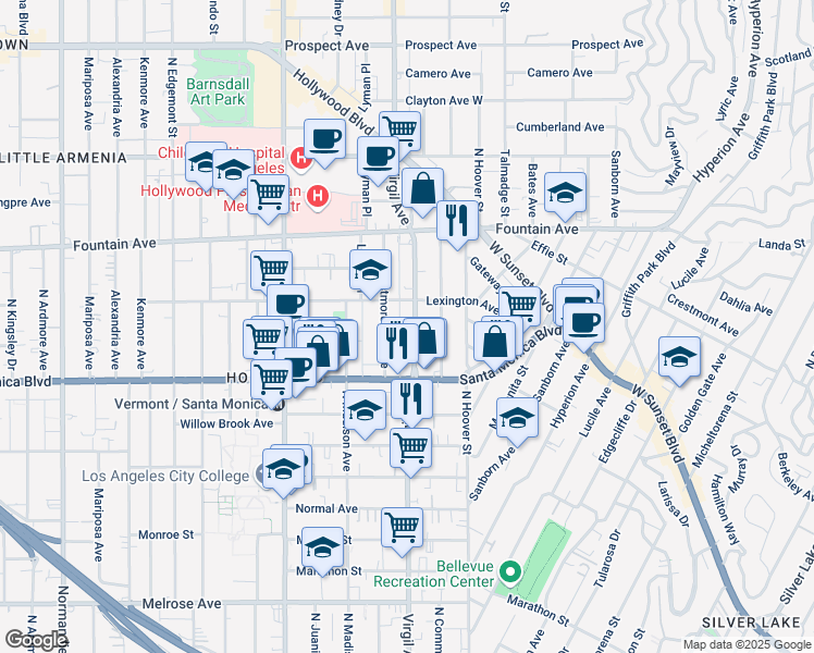 map of restaurants, bars, coffee shops, grocery stores, and more near 1139 North Virgil Avenue in Los Angeles
