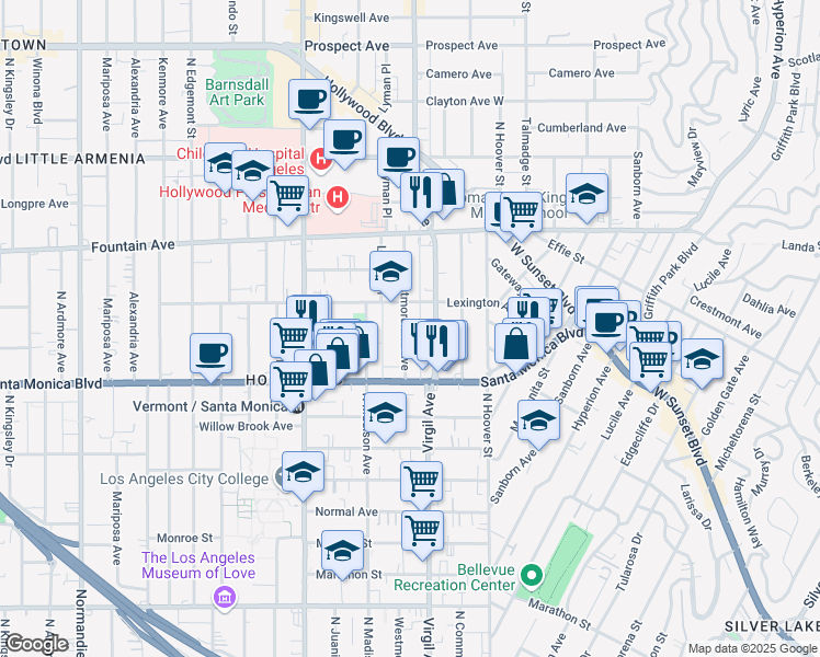 map of restaurants, bars, coffee shops, grocery stores, and more near 1139 North Virgil Avenue in Los Angeles