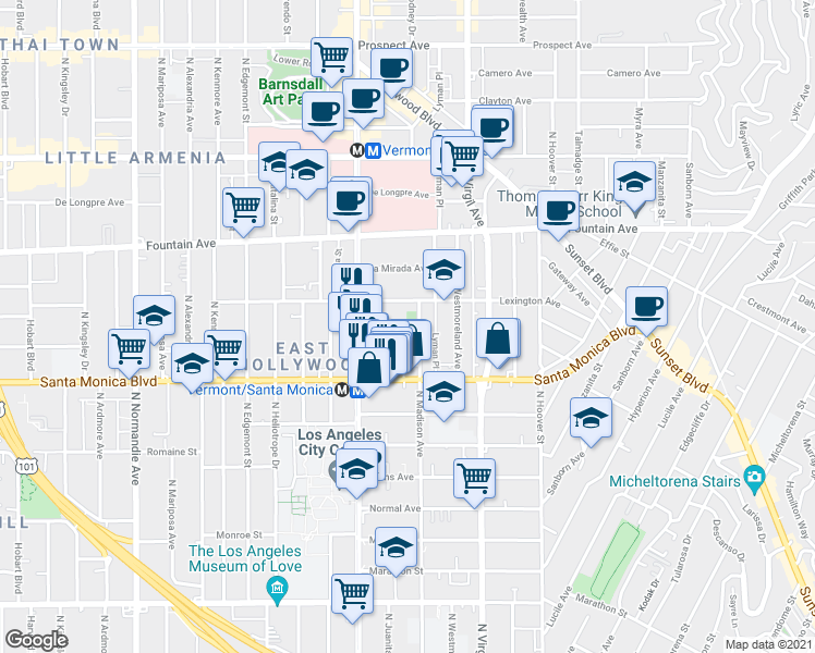 map of restaurants, bars, coffee shops, grocery stores, and more near 1145 North Madison Avenue in Los Angeles