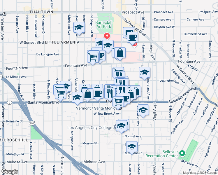 map of restaurants, bars, coffee shops, grocery stores, and more near in Los Angeles