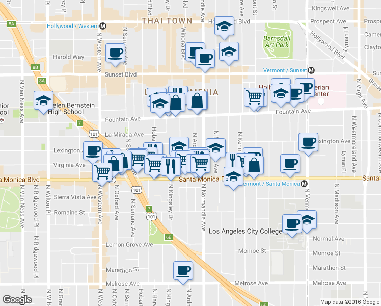 map of restaurants, bars, coffee shops, grocery stores, and more near 1152 North Kingsley Drive in Los Angeles