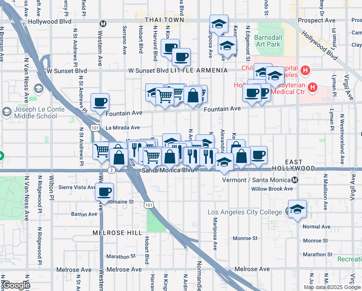 map of restaurants, bars, coffee shops, grocery stores, and more near 1152 North Kingsley Drive in Los Angeles