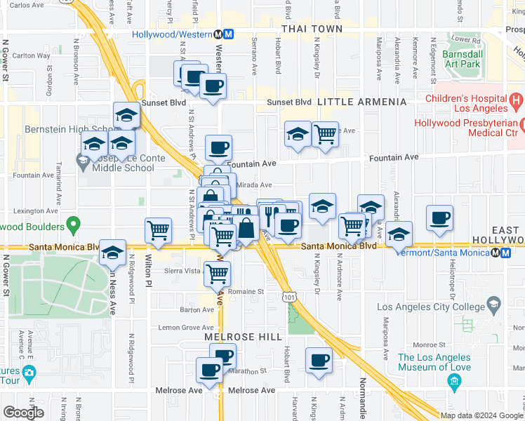 map of restaurants, bars, coffee shops, grocery stores, and more near 5357 Virginia Avenue in Los Angeles