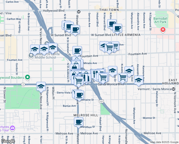 map of restaurants, bars, coffee shops, grocery stores, and more near 5357 Virginia Avenue in Los Angeles