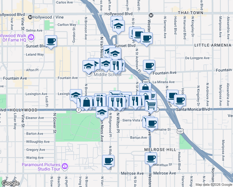 map of restaurants, bars, coffee shops, grocery stores, and more near 5707 Virginia Avenue in Los Angeles