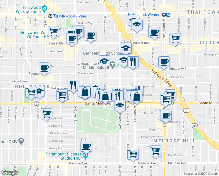 map of restaurants, bars, coffee shops, grocery stores, and more near 5831 Virginia Avenue in Los Angeles