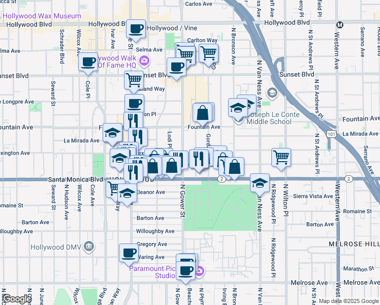 map of restaurants, bars, coffee shops, grocery stores, and more near 1143 North Beachwood Drive in Los Angeles