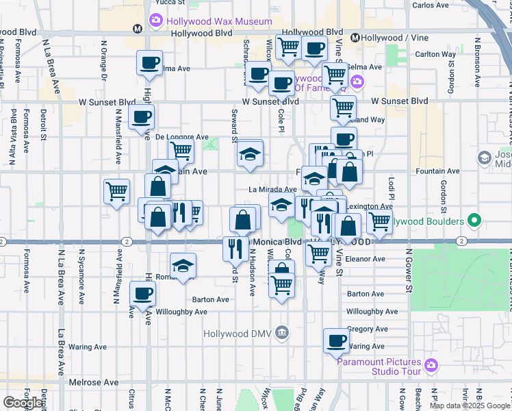 map of restaurants, bars, coffee shops, grocery stores, and more near 1143 Wilcox Place in Los Angeles