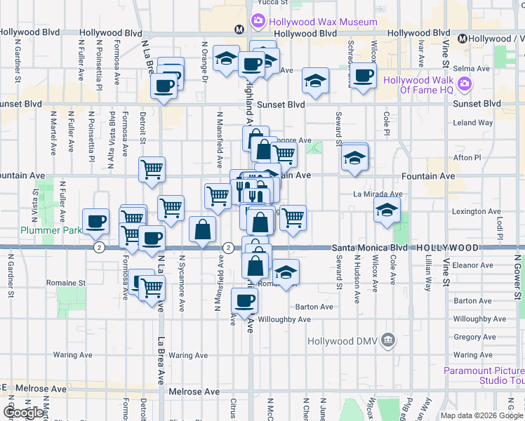 map of restaurants, bars, coffee shops, grocery stores, and more near 1145 North McCadden Place in Los Angeles