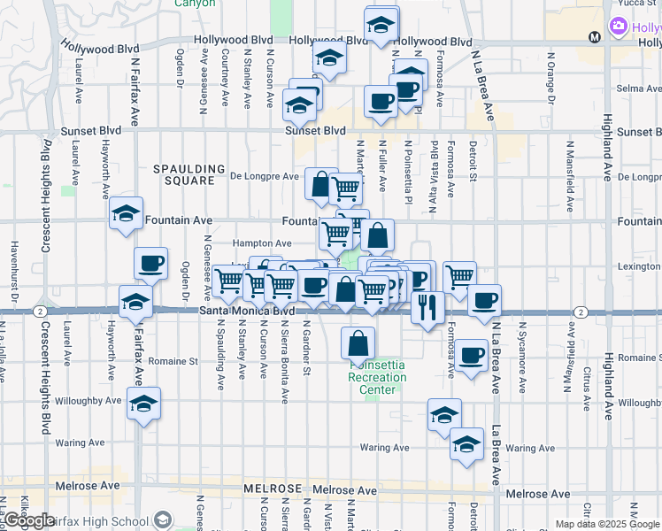map of restaurants, bars, coffee shops, grocery stores, and more near 1140 North Vista Street in West Hollywood