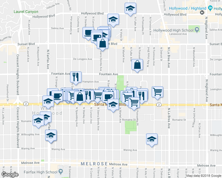 map of restaurants, bars, coffee shops, grocery stores, and more near 1147 North Gardner Street in Los Angeles