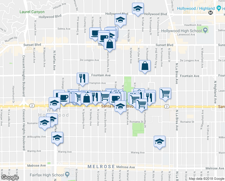 map of restaurants, bars, coffee shops, grocery stores, and more near 1147 North Gardner Street in Los Angeles