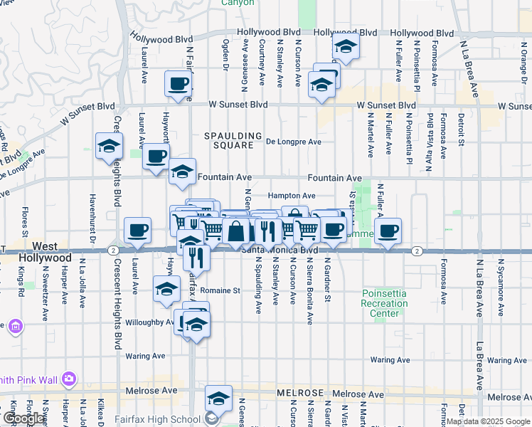 map of restaurants, bars, coffee shops, grocery stores, and more near 7725 Norton Avenue in West Hollywood