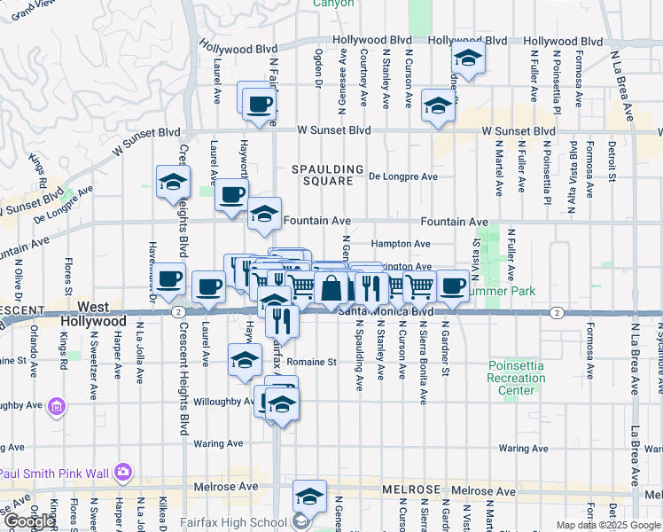 map of restaurants, bars, coffee shops, grocery stores, and more near 1136 North Ogden Drive in West Hollywood