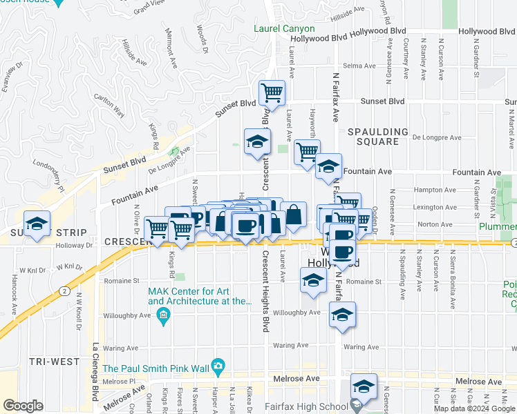 map of restaurants, bars, coffee shops, grocery stores, and more near 8109 1/2 Norton Avenue in West Hollywood