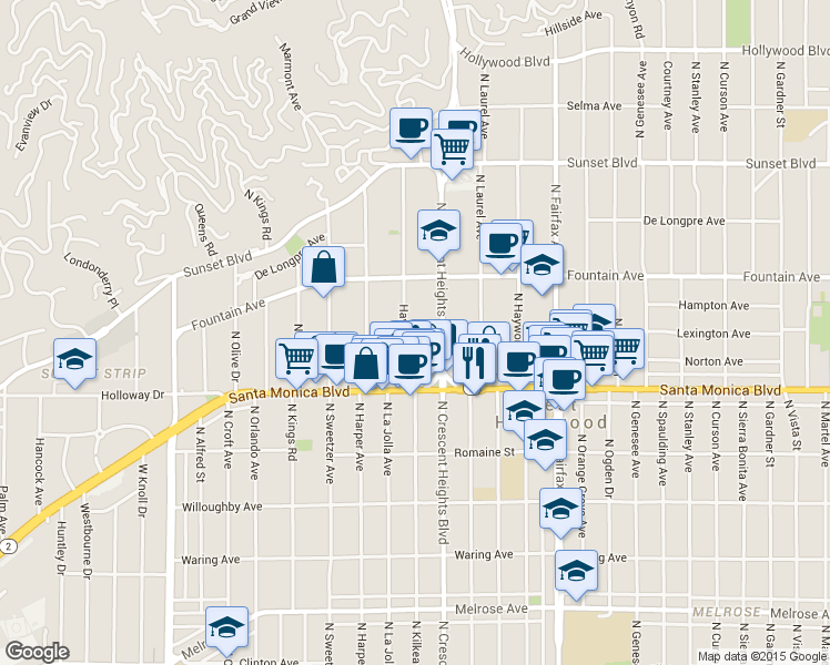 map of restaurants, bars, coffee shops, grocery stores, and more near 8109 1/2 Norton Avenue in West Hollywood