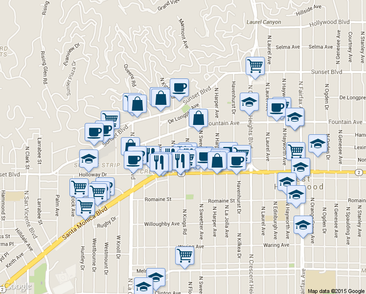 map of restaurants, bars, coffee shops, grocery stores, and more near 1210 North Kings Road in West Hollywood