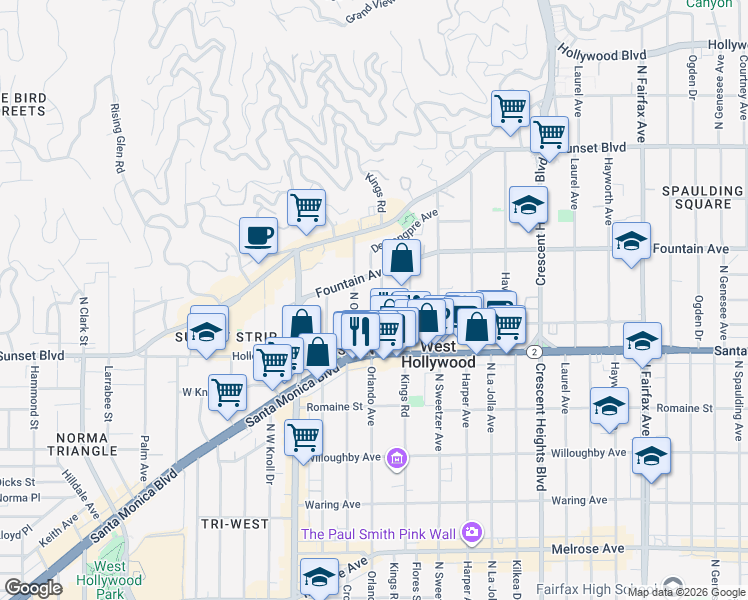 map of restaurants, bars, coffee shops, grocery stores, and more near 1210 North Kings Road in West Hollywood