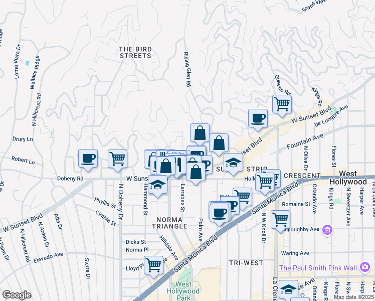 map of restaurants, bars, coffee shops, grocery stores, and more near 1136 Larrabee Street in West Hollywood