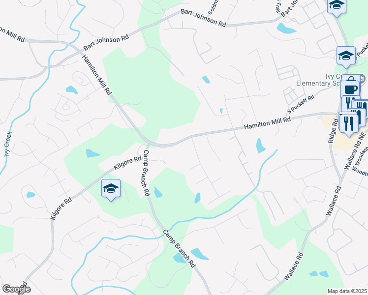 map of restaurants, bars, coffee shops, grocery stores, and more near 3488 Hamilton Mill Road in Buford