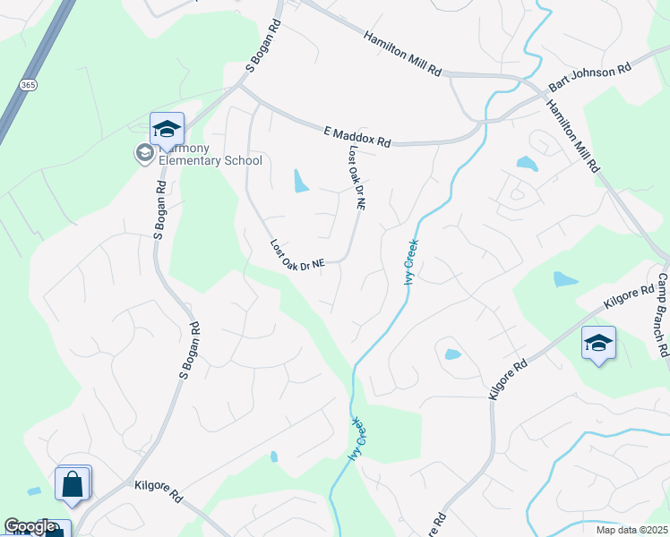 map of restaurants, bars, coffee shops, grocery stores, and more near 2607 Creek Rock Circle in Buford