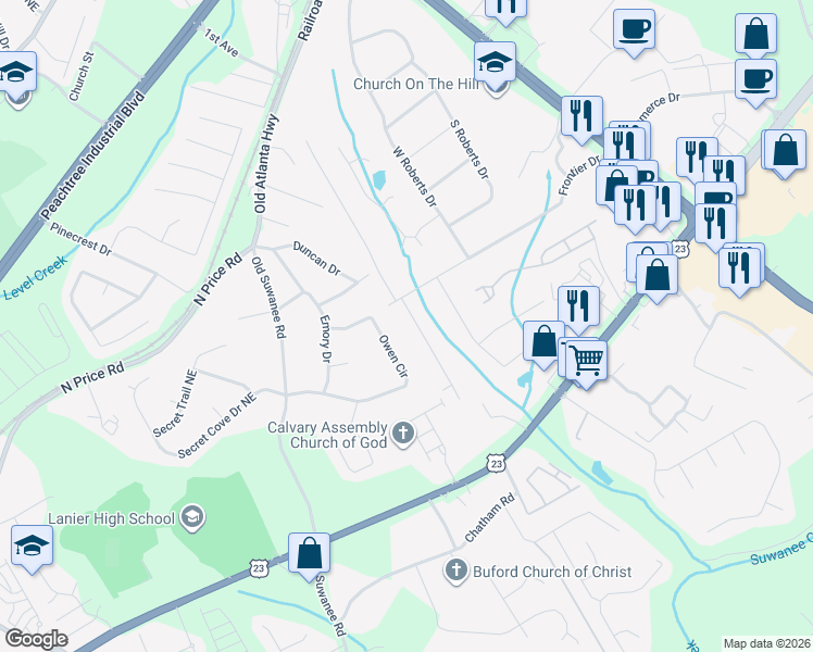 map of restaurants, bars, coffee shops, grocery stores, and more near 4432 White Oak Drive in Buford
