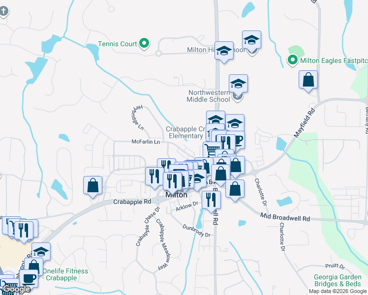 map of restaurants, bars, coffee shops, grocery stores, and more near 2120 McFarlin Lane in Alpharetta