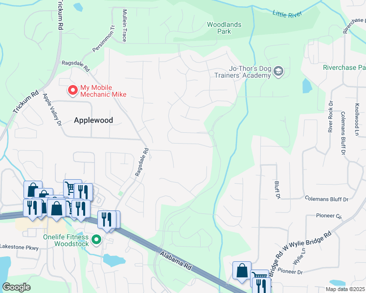 map of restaurants, bars, coffee shops, grocery stores, and more near 511 Ragsdale Terrace in Woodstock
