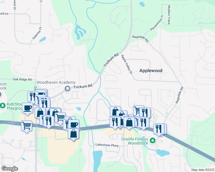 map of restaurants, bars, coffee shops, grocery stores, and more near 155 Weatherstone Drive in Woodstock