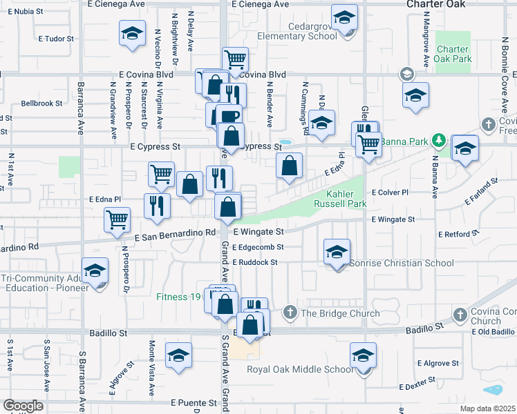 map of restaurants, bars, coffee shops, grocery stores, and more near 716 North Grand Avenue in Covina