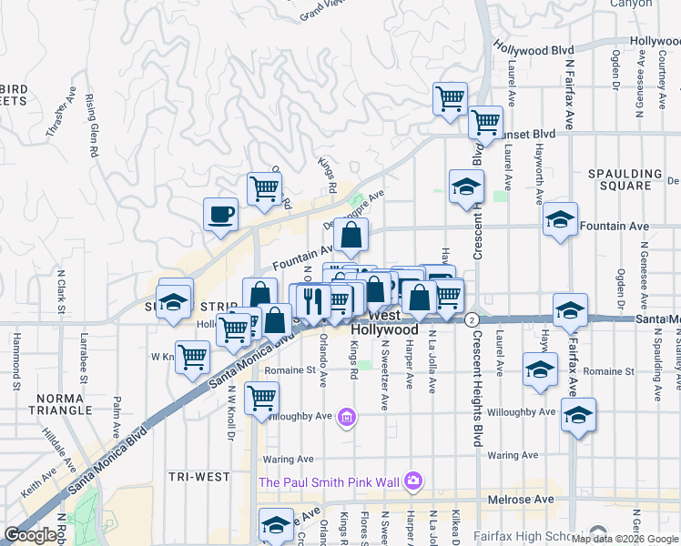 map of restaurants, bars, coffee shops, grocery stores, and more near 1232 Kings Road in West Hollywood