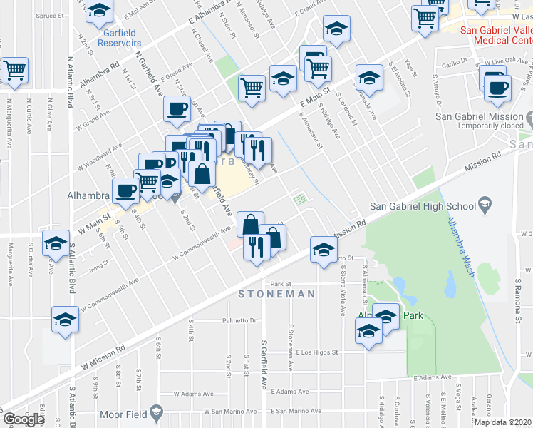 map of restaurants, bars, coffee shops, grocery stores, and more near 116 East Commonwealth Avenue in Alhambra