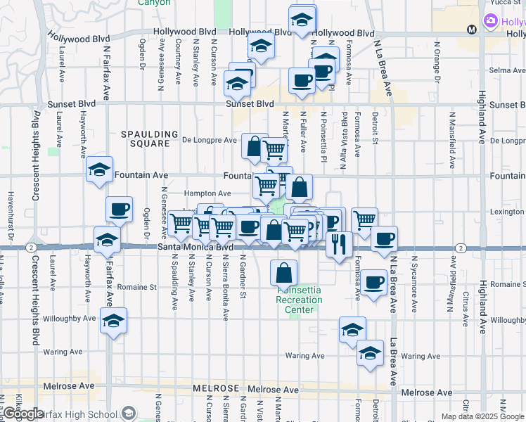 map of restaurants, bars, coffee shops, grocery stores, and more near 1201 North Vista Street in West Hollywood