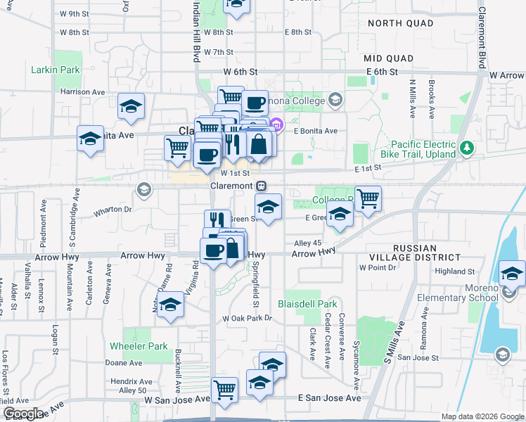 map of restaurants, bars, coffee shops, grocery stores, and more near 125 West Green Street in Claremont