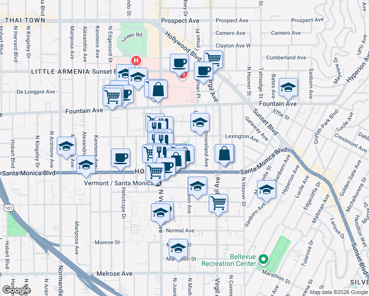 map of restaurants, bars, coffee shops, grocery stores, and more near 1155 North Madison Avenue in Los Angeles