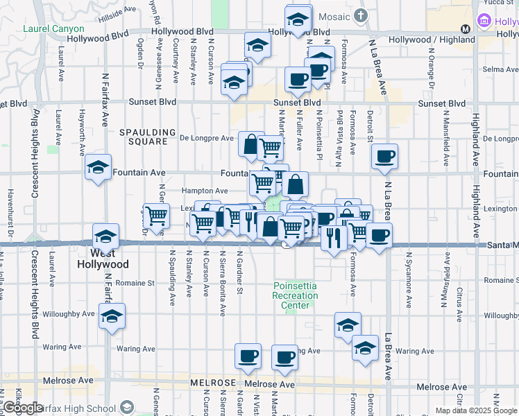 map of restaurants, bars, coffee shops, grocery stores, and more near 1201 North Vista Street in West Hollywood