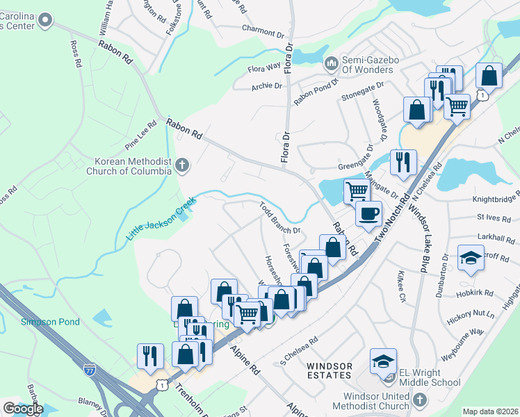 map of restaurants, bars, coffee shops, grocery stores, and more near 218 Horseshoe Circle in Columbia