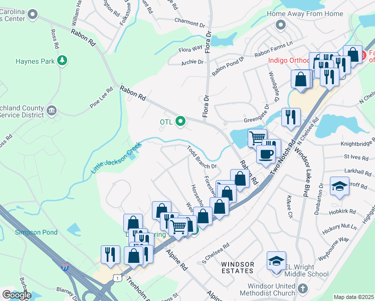 map of restaurants, bars, coffee shops, grocery stores, and more near 409 Todd Branch Drive in Columbia