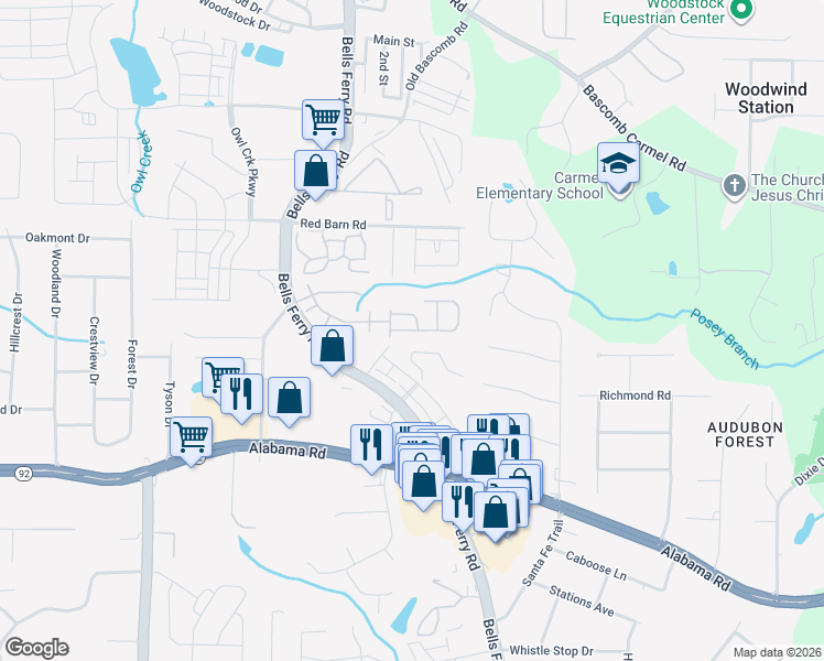 map of restaurants, bars, coffee shops, grocery stores, and more near 818 Whisperwood Trail in Acworth
