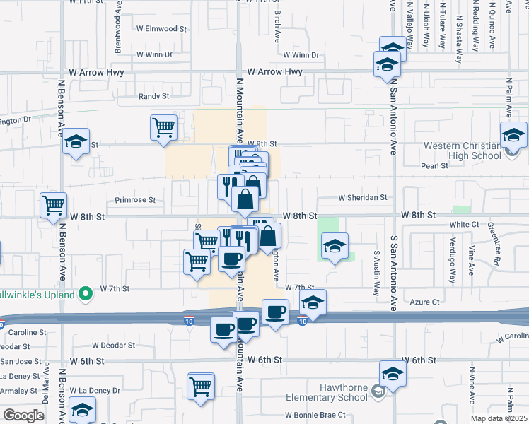 map of restaurants, bars, coffee shops, grocery stores, and more near 195 Armstrong Way in Upland
