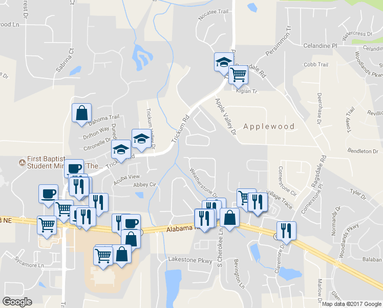 map of restaurants, bars, coffee shops, grocery stores, and more near 155 Weatherstone Drive in Woodstock