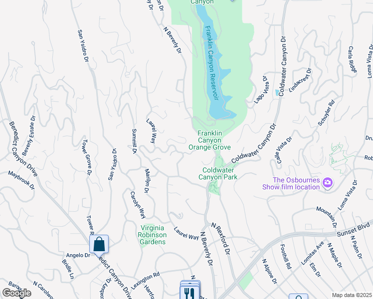map of restaurants, bars, coffee shops, grocery stores, and more near 1160 Shadow Hill Way in Beverly Hills