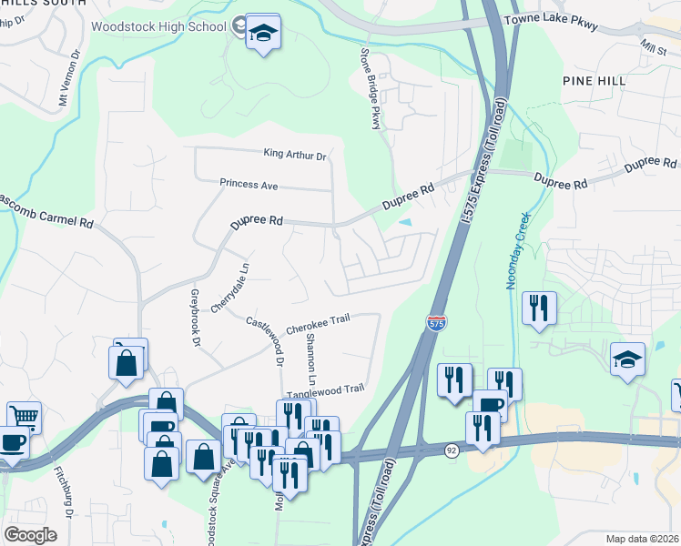 map of restaurants, bars, coffee shops, grocery stores, and more near 724 Stickley Oak Way in Woodstock