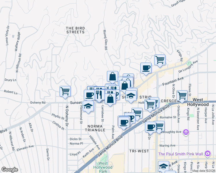 map of restaurants, bars, coffee shops, grocery stores, and more near 8780 Shoreham Drive in West Hollywood