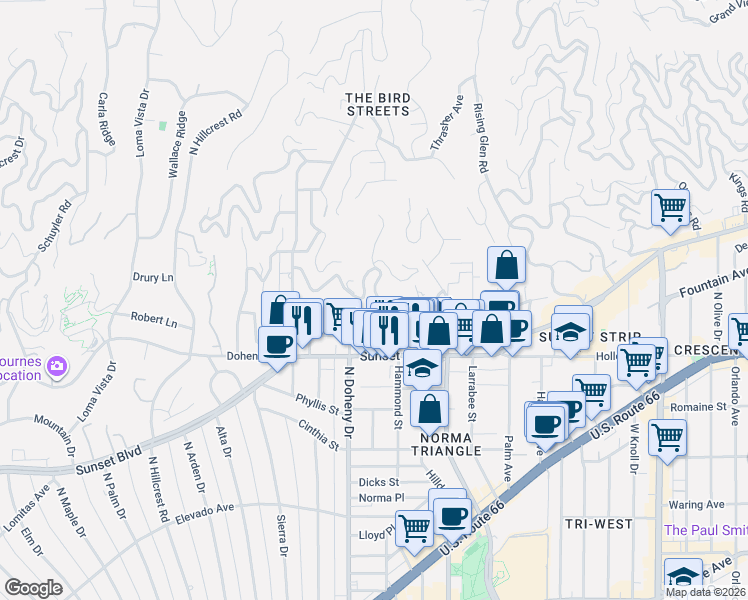 map of restaurants, bars, coffee shops, grocery stores, and more near 9035 Shoreham Drive in Los Angeles