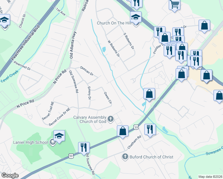 map of restaurants, bars, coffee shops, grocery stores, and more near 4432 White Oak Drive in Buford
